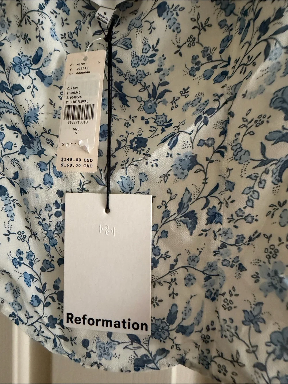Reformation Marin Floral Top Floral Square-Neck Puff Sleeve Top - Blue/White